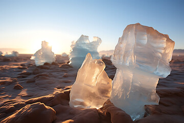 Ice block melting in the desert, ice block melting, melting ice, ice block in the desert