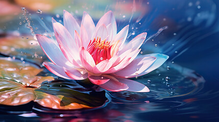  a pink water lily floating on top of a pond of water.  generative ai
