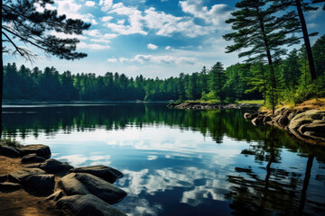 Naklejka premium Beautiful landscape of a mountain lake against the backdrop of a forest.
