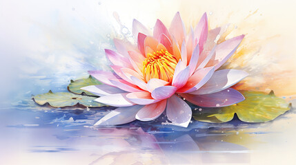  a painting of a pink water lily in a pond of water.  generative ai
