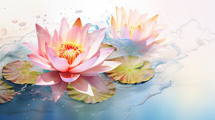  two pink water lilies floating on top of a lake.  generative ai