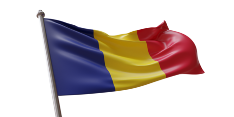 Romania flag waving isolated on white transparent background, PNG.