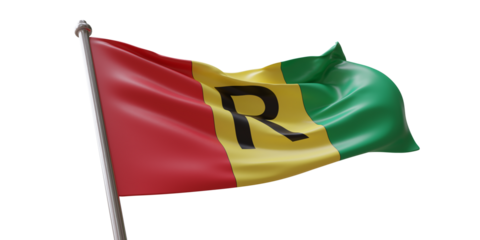 Rwanda flag waving isolated on white transparent background, PNG.