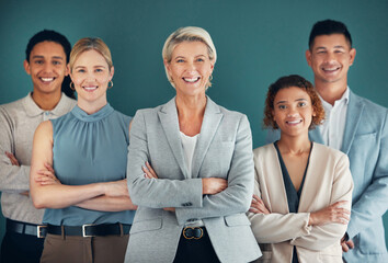 Business people, collaboration and corporate group in portrait, team leader and happiness, lawyers...
