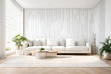 Modern peaceful living room/Modern living room minimalist style white floor decorate wall with wood lattice,basic Simple bright and clean