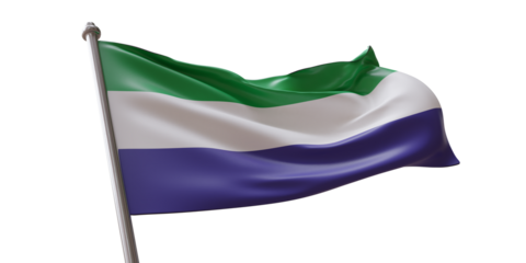 Sierra Leone flag waving isolated on white transparent background, PNG.