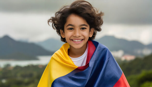 Child wrapped in a Colombian flag