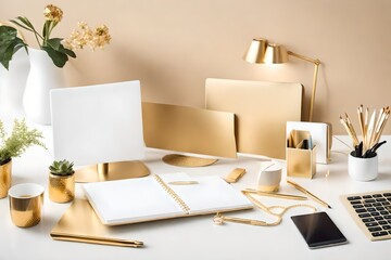 Mock up of woman workplace on light background. Business office desk with golden colors. Modern design. Minimal style.