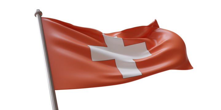 Switzerland flag waving isolated on white transparent background, PNG.