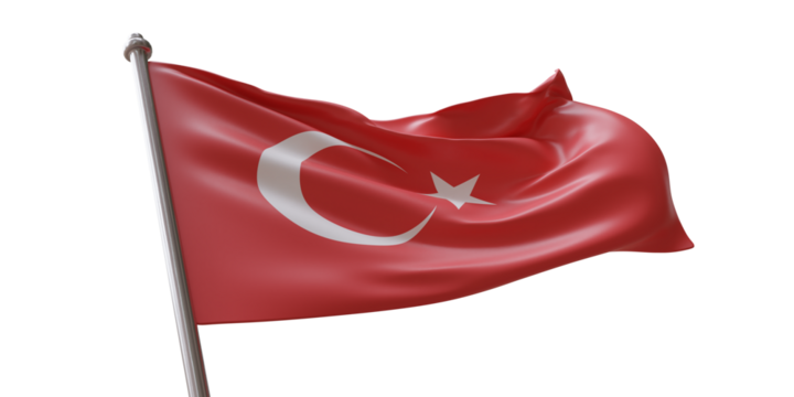 Turkey flag waving isolated on white transparent background, PNG.