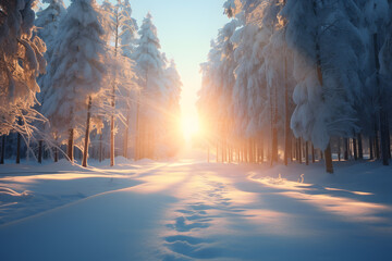 Path in winter forest with sunlights ai generated art - obrazy, fototapety, plakaty