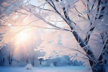 Sunlight through frost trees in winter ai generated art.