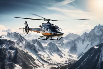Fotobehang Helicopter flying inthe mountains, helicopter in mountain range, heli, rescue helicopter © MrJeans