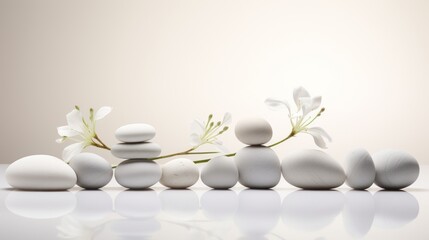Wellness bright calming background with pebbles and white flowers