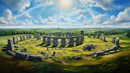 oil painting on canvas, Stonehenge with Blue Sky. - obrazy, fototapety, plakaty