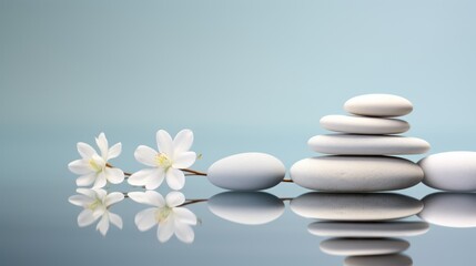 Fototapeta na wymiar Wellness bright calming background with pebbles and white flowers