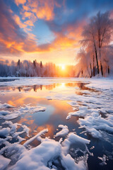 Sunset in the winter forest reflecting in river ai generated art vertical.  - obrazy, fototapety, plakaty