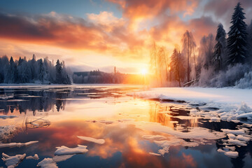 Sunset over river in winter mountains ai generated art. - obrazy, fototapety, plakaty