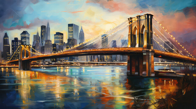 oil painting on canvas, New York City - beautiful sunset over manhattan with manhattan and brooklyn bridge, USA.