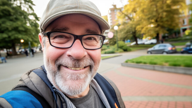 an ordinary slightly plump man making selfie outdoors. Portrait of a middle-aged happy guy on the street