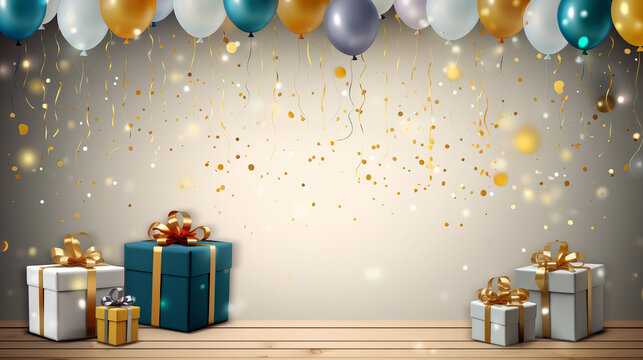 Boy birthday background with blue balloons and gifts on wooden background
