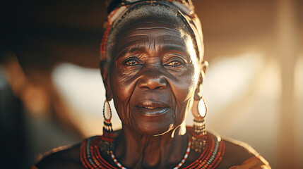 Portrait of an elderly African woman in traditional clothes posing at the camera.