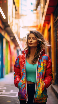 Vibrant Woman In A Colorful Urban Alley  , Background Image, Best Phone Wallpapers