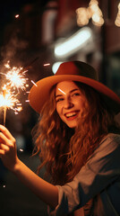 Fototapeta premium Whimsical Woman With A Sparkler At Night , Background Image, Best Phone Wallpapers