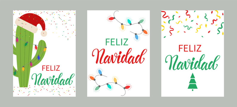 Feliz Navidad - Merry Christmas in Spanish, text for postcard. Red Santa Hat with cactus and garland. Vector illustration.
