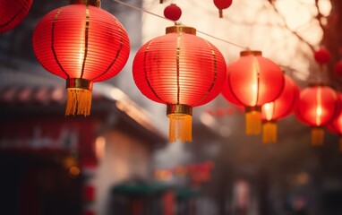 Calles decoradas para celebrar la entrada del año nuevo chino. Decoración.  - obrazy, fototapety, plakaty