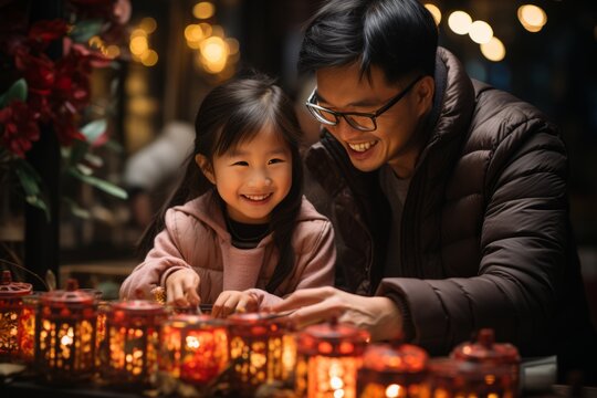 Padre e hija decorando la casa para la celebración del año nuevo chino. 