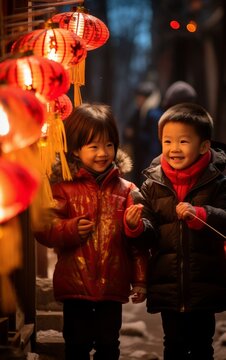 Pequeños niños asiáticos celebrando la llegada del año nuevo en China. 