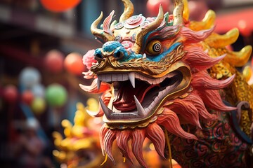 Desfile de dragón celebrando la entrada del año nuevo en China. Tradición. Año del dragón.  - obrazy, fototapety, plakaty