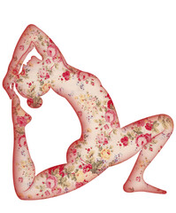 Pink yoga pose with floral print in red tones and green leaves.
This image is part of a set of 50...