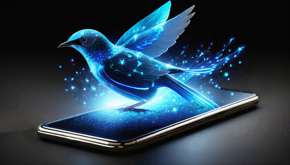 スマートフォンから浮かび上がる青い鳥.generative AI