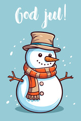 Colorful vector illustration of a smiling snowman against blue background. Traditional winter holiday greeting card from Finland
