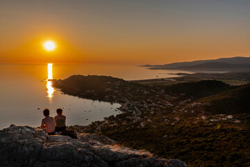 Sunset landscape with Plage du Sagnone, Corsica island, France