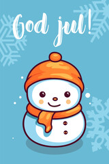 Colorful vector illustration of a smiling snowman against blue background. Traditional winter holiday greeting card from Finland