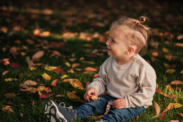 A happy toddler child playing in the autumn park.