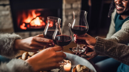 Happy friends celebrating with glasses of wine near fireplace at home. Winter vacation concept