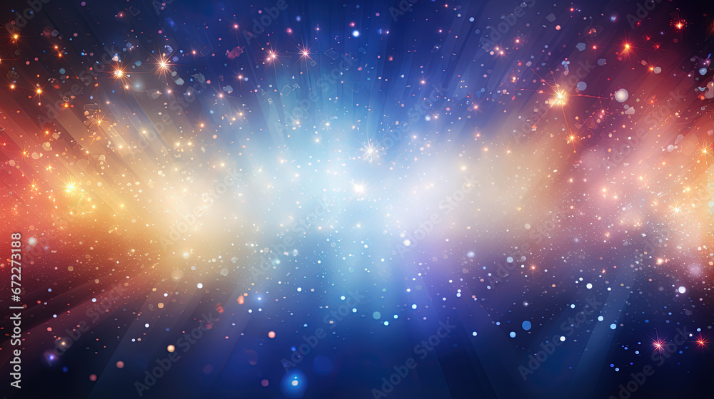 Poster Abstract backgound with blue and orange light rays. God rays or light burst with bokeh.