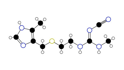 cimetidine molecule, structural chemical formula, ball-and-stick model, isolated image histamine h2 receptor antagonist