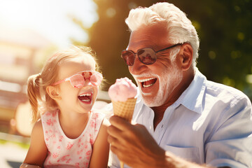 Happy smiling grandfather and grandchild eating ice cream on sunny summer day - obrazy, fototapety, plakaty