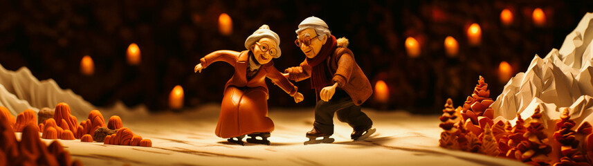 Happy retired senior couple enjoying each other's company while skating. Concept of an enduring and loving relationship enriched with joyful shared experiences.