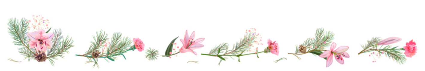 Horizontal panoramic border with pine branches, cones, needles, pink lilies, and pink carnation flowers. Realistic digital Christmas tree in watercolor style. Botanical illustration for design, vector