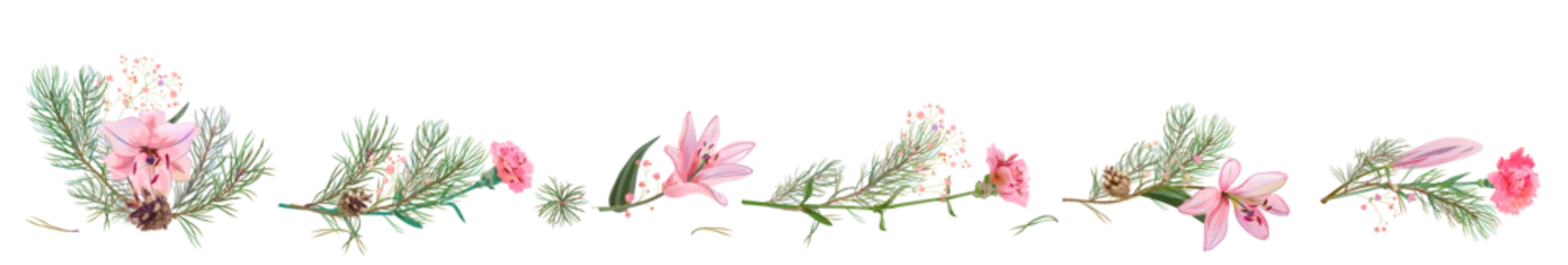 Foto auf Alu-Dibond Horizontal panoramic border with pine branches, cones, needles, pink lilies, and pink carnation flowers. Realistic digital Christmas tree in watercolor style. Botanical illustration for design, vector © analgin12
