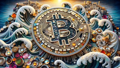 A detailed, textured Bitcoin emblem is central, embellished with a mosaic of glittering jewels and intricate patterns.