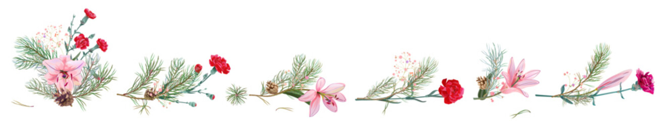 Horizontal panoramic border with pine branches, cones, needles, pink lilies, and red carnation flowers. Realistic digital Christmas tree in watercolor style. Botanical illustration for design, vector