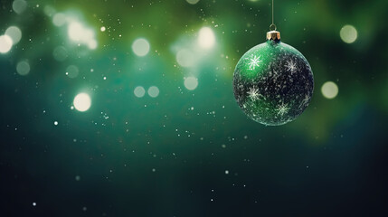 Beautiful Christmas bauble hanging on the background with snow sparkles. Xmas wither holiday card with glass ball.