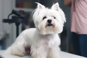 Caring for a haircut for a pet, grooming a white small dog at the barber, close-up. AI generated.
